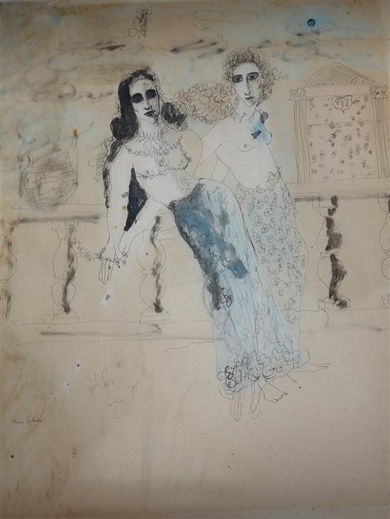 Maeve Gilmour (1917-1983), ink and watercolour on paper, Topless women on a balcony, signed, 55 x 44cm,